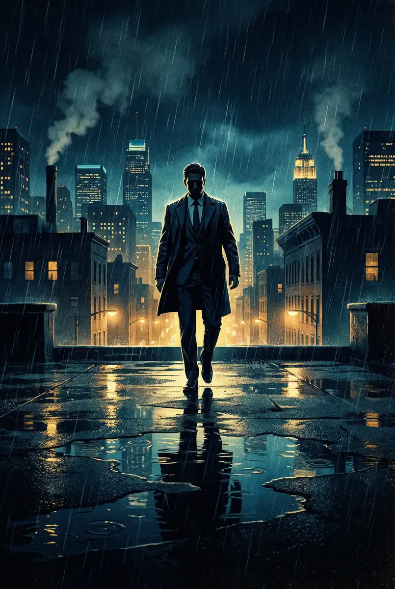 女医生帮我取精 出品影片《雨夜独行者》海报，雨中城市屋顶男性剪影